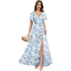 imagehomdor V Neck Chiffon Bridesmaid Dresses with Slit Ruffles Pleated A Line Formal Dress with SleevesFloral Light Blue