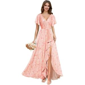 imagehomdor V Neck Chiffon Bridesmaid Dresses with Slit Ruffles Pleated A Line Formal Dress with SleevesFloral Pink