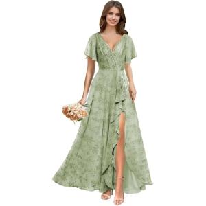 imagehomdor V Neck Chiffon Bridesmaid Dresses with Slit Ruffles Pleated A Line Formal Dress with SleevesFloral Sage