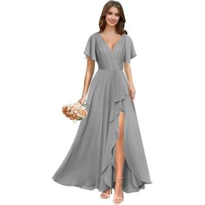 imagehomdor V Neck Chiffon Bridesmaid Dresses with Slit Ruffles Pleated A Line Formal Dress with SleevesGray