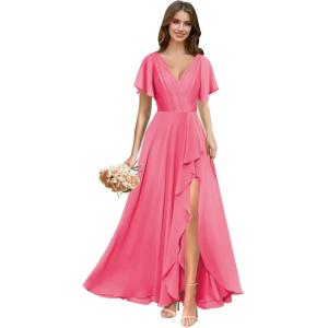imagehomdor V Neck Chiffon Bridesmaid Dresses with Slit Ruffles Pleated A Line Formal Dress with SleevesHot Pink