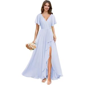 imagehomdor V Neck Chiffon Bridesmaid Dresses with Slit Ruffles Pleated A Line Formal Dress with SleevesLavender