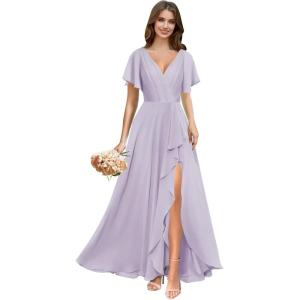 imagehomdor V Neck Chiffon Bridesmaid Dresses with Slit Ruffles Pleated A Line Formal Dress with SleevesLilac