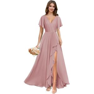 imagehomdor V Neck Chiffon Bridesmaid Dresses with Slit Ruffles Pleated A Line Formal Dress with SleevesMauve