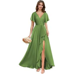 imagehomdor V Neck Chiffon Bridesmaid Dresses with Slit Ruffles Pleated A Line Formal Dress with SleevesOlive Green