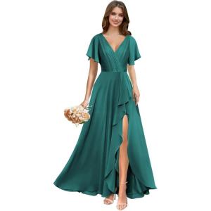 imagehomdor V Neck Chiffon Bridesmaid Dresses with Slit Ruffles Pleated A Line Formal Dress with SleevesPeacock