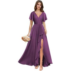 imagehomdor V Neck Chiffon Bridesmaid Dresses with Slit Ruffles Pleated A Line Formal Dress with SleevesPlum
