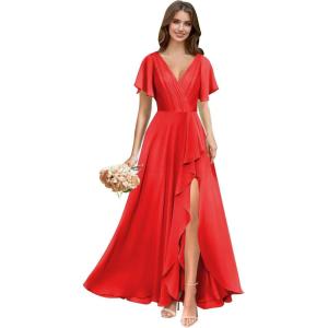 imagehomdor V Neck Chiffon Bridesmaid Dresses with Slit Ruffles Pleated A Line Formal Dress with SleevesRed