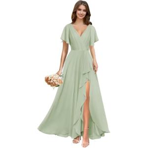 imagehomdor V Neck Chiffon Bridesmaid Dresses with Slit Ruffles Pleated A Line Formal Dress with SleevesSage