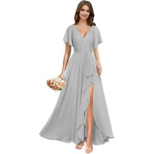 imagehomdor V Neck Chiffon Bridesmaid Dresses with Slit Ruffles Pleated A Line Formal Dress with SleevesSilver