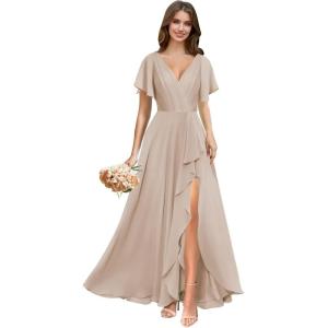 imagehomdor V Neck Chiffon Bridesmaid Dresses with Slit Ruffles Pleated A Line Formal Dress with SleevesTaupe