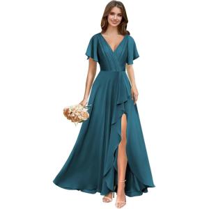 imagehomdor V Neck Chiffon Bridesmaid Dresses with Slit Ruffles Pleated A Line Formal Dress with SleevesTeal