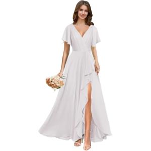 imagehomdor V Neck Chiffon Bridesmaid Dresses with Slit Ruffles Pleated A Line Formal Dress with SleevesWhite