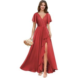 imagehomdor V Neck Chiffon Bridesmaid Dresses with Slit Ruffles Pleated A Line Formal Dress with SleevesWine Red