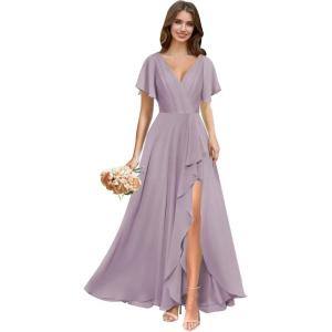 imagehomdor V Neck Chiffon Bridesmaid Dresses with Slit Ruffles Pleated A Line Formal Dress with SleevesWisteria