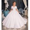 imageOff Shoulder Satin Flower Girls Dresses for Wedding ALine Princess Ball Gown Pageant Dress for Girl Kids DressPurple