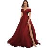 imageOff Shoulder Tulle Prom Dresses for Women Ball Gown ALine Wedding Dress Split Formal Evening DressWine Red