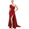 imageOne Shoulder Appliques Bridesmaid Dresses Mermaid Prom Dress with Slit Satin Formal Gown for WeddingRose Red