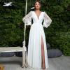 imagehomdor Long Sleeve Bridesmaid Dresses Chiffon Prom Dress Long Lace Applique Wedding Dress V Neck Formal Gowns with SlitGreen