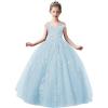imageOff Shoulder Tulle Pageant Dress Lace Applique Flower Girl Dress Ball Gown Toddler Kids Birthday Party DressSky Blue