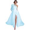 imageOne Shoulder Lace Applique Prom Dresses Long Sleeve Wedding Dresses Tulle A Line Princess Ball Gown with SlitSky Blue