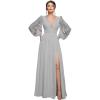 imagehomdor Long Sleeve Bridesmaid Dresses Chiffon Prom Dress Long Lace Applique Wedding Dress V Neck Formal Gowns with SlitGrey