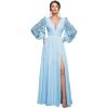 imagehomdor Long Sleeve Bridesmaid Dresses Chiffon Prom Dress Long Lace Applique Wedding Dress V Neck Formal Gowns with SlitSky Blue