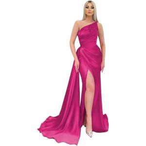 imageAppliques Mermaid Bridesmaid Dresses One Shoulder Prom Dress for Women Bodycon Formal Evening Gown with SlitFuchsia