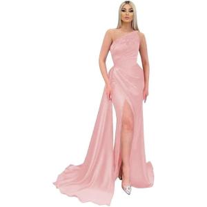 imageAppliques Mermaid Bridesmaid Dresses One Shoulder Prom Dress for Women Bodycon Formal Evening Gown with SlitPink