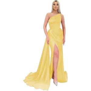imageAppliques Mermaid Bridesmaid Dresses One Shoulder Prom Dress for Women Bodycon Formal Evening Gown with SlitYellow