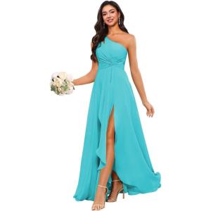 imageChiffon One Shoulder Bridesmaid Dress with Pleated Bodice Long Ruffles A Line Formal Dress for Women with SlitAqua