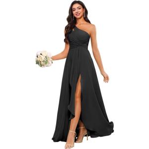 imageChiffon One Shoulder Bridesmaid Dress with Pleated Bodice Long Ruffles A Line Formal Dress for Women with SlitBlack