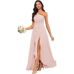 imageChiffon One Shoulder Bridesmaid Dress with Pleated Bodice Long Ruffles A Line Formal Dress for Women with SlitBlush Pink