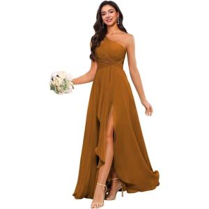 imageChiffon One Shoulder Bridesmaid Dress with Pleated Bodice Long Ruffles A Line Formal Dress for Women with SlitBurnt Orange