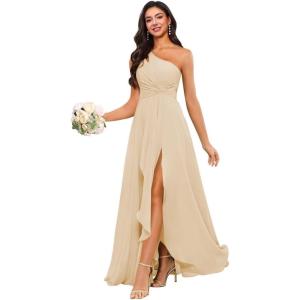 imageChiffon One Shoulder Bridesmaid Dress with Pleated Bodice Long Ruffles A Line Formal Dress for Women with SlitChampagne