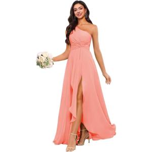 imageChiffon One Shoulder Bridesmaid Dress with Pleated Bodice Long Ruffles A Line Formal Dress for Women with SlitCoral