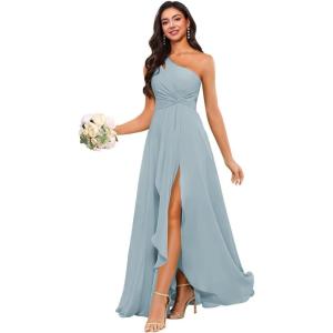 imageChiffon One Shoulder Bridesmaid Dress with Pleated Bodice Long Ruffles A Line Formal Dress for Women with SlitDusty Blue