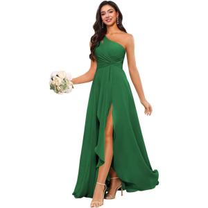 imageChiffon One Shoulder Bridesmaid Dress with Pleated Bodice Long Ruffles A Line Formal Dress for Women with SlitEmerald Green