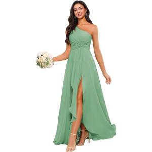 imageChiffon One Shoulder Bridesmaid Dress with Pleated Bodice Long Ruffles A Line Formal Dress for Women with SlitEucalyptus