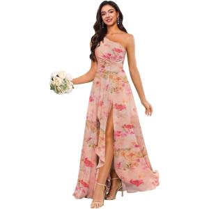 imageChiffon One Shoulder Bridesmaid Dress with Pleated Bodice Long Ruffles A Line Formal Dress for Women with SlitFloral Coral
