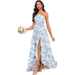 imageChiffon One Shoulder Bridesmaid Dress with Pleated Bodice Long Ruffles A Line Formal Dress for Women with SlitFloral Light Blue