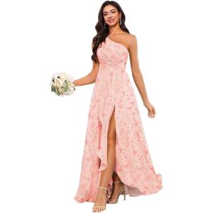 imageChiffon One Shoulder Bridesmaid Dress with Pleated Bodice Long Ruffles A Line Formal Dress for Women with SlitFloral Pink