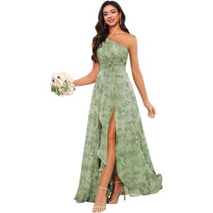 imageChiffon One Shoulder Bridesmaid Dress with Pleated Bodice Long Ruffles A Line Formal Dress for Women with SlitFloral Sage