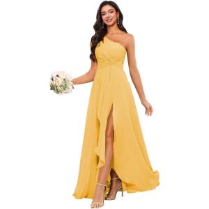 imageChiffon One Shoulder Bridesmaid Dress with Pleated Bodice Long Ruffles A Line Formal Dress for Women with SlitGold