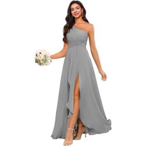 imageChiffon One Shoulder Bridesmaid Dress with Pleated Bodice Long Ruffles A Line Formal Dress for Women with SlitGray