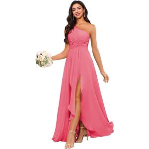 imageChiffon One Shoulder Bridesmaid Dress with Pleated Bodice Long Ruffles A Line Formal Dress for Women with SlitHot Pink