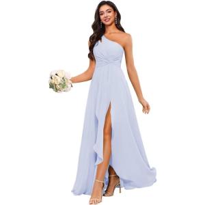 imageChiffon One Shoulder Bridesmaid Dress with Pleated Bodice Long Ruffles A Line Formal Dress for Women with SlitLavender