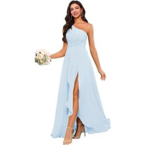imageChiffon One Shoulder Bridesmaid Dress with Pleated Bodice Long Ruffles A Line Formal Dress for Women with SlitLight Blue