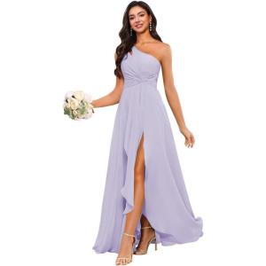 imageChiffon One Shoulder Bridesmaid Dress with Pleated Bodice Long Ruffles A Line Formal Dress for Women with SlitLilac