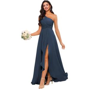 imageChiffon One Shoulder Bridesmaid Dress with Pleated Bodice Long Ruffles A Line Formal Dress for Women with SlitNavy Blue